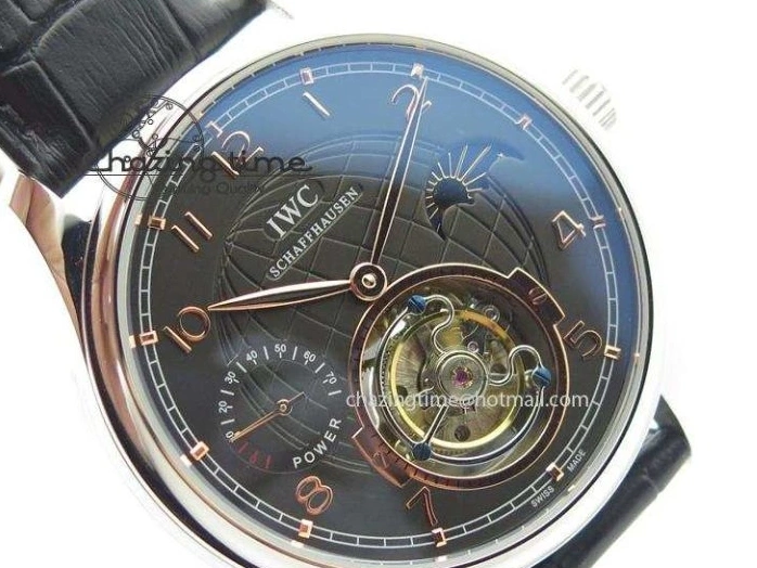 MIROTIME 0204 Portuguese Tourbillon Power Reserve Moonphase SS Black Dial Gold Numbers On Black Leather Strap RelaxedFit 7320